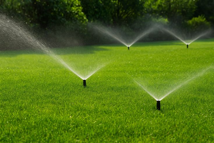 Automatic irrigation sprinklers watering a green lawn