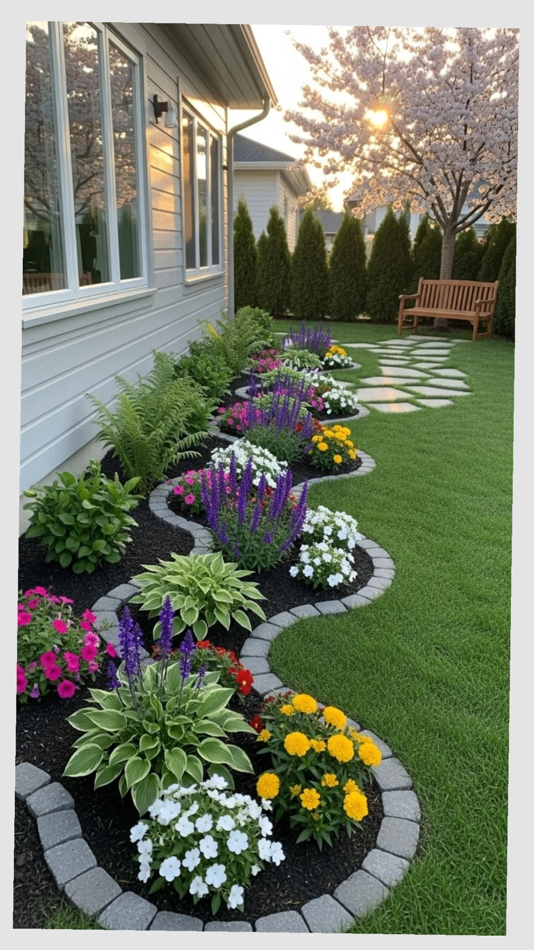 Fresh garden planting design with flowers and curved borders